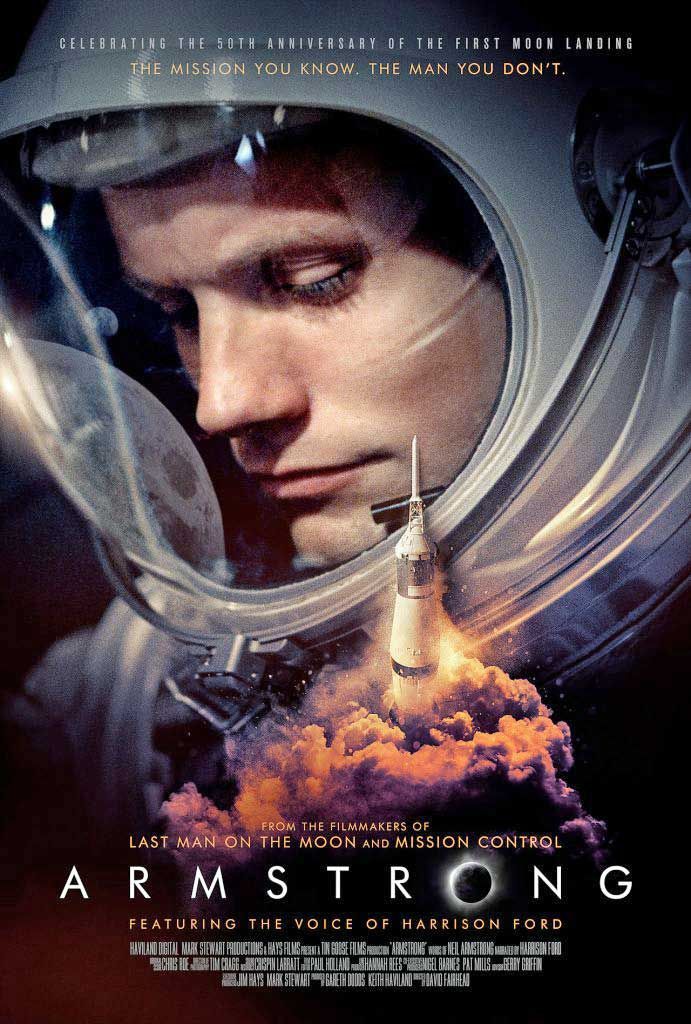 A movie poster for armstrong shows a man in a space suit