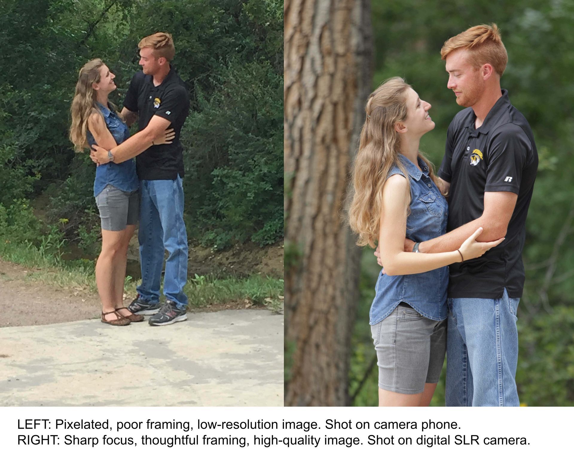 A man and a woman are hugging each other in front of a tree