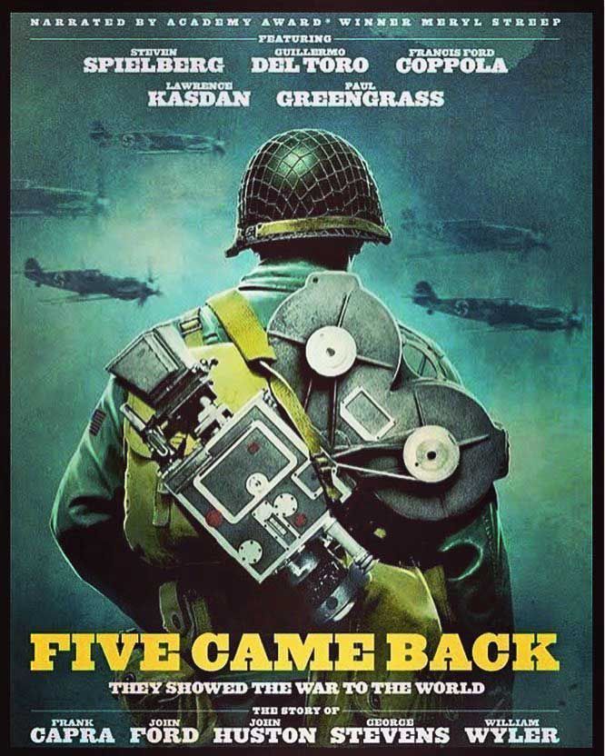 A movie poster for five came back showing a soldier holding a camera