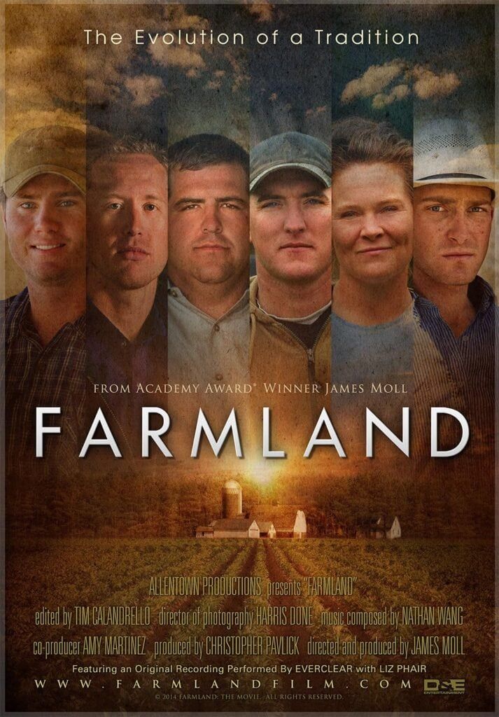 A movie poster for farmland features a group of farmers