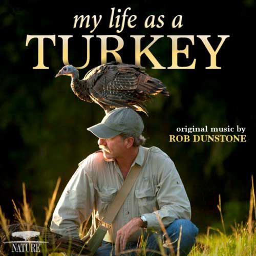 A man is kneeling down with a turkey on his head titled my life as a turkey