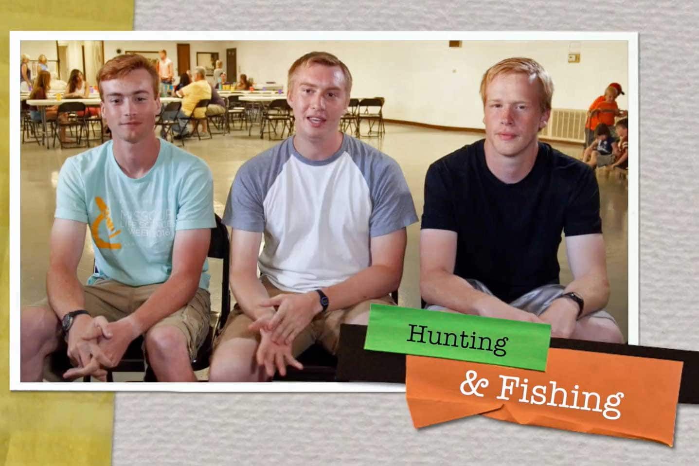 Three young men are sitting next to each other in a picture that says hunting and fishing