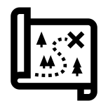 A black and white icon of a map with trees and crosses.