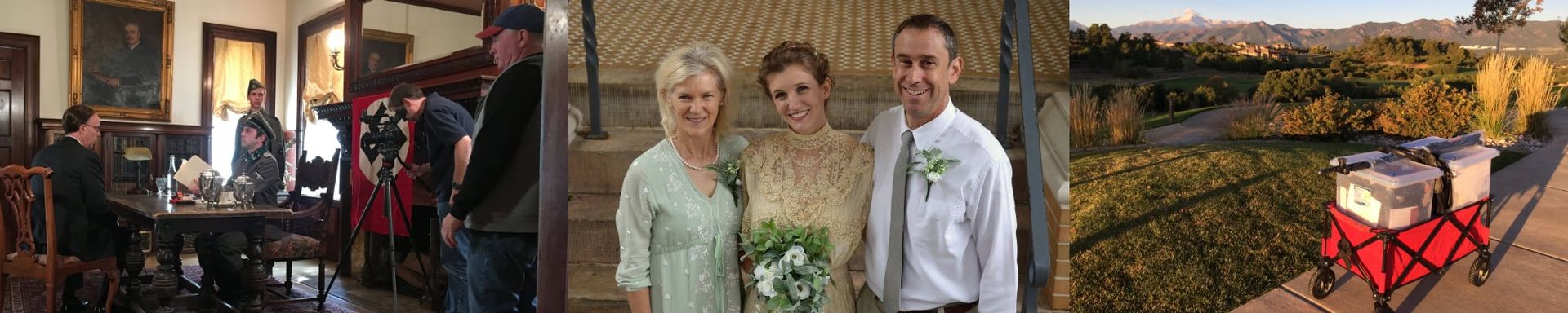A bride and groom are posing for a picture with their family