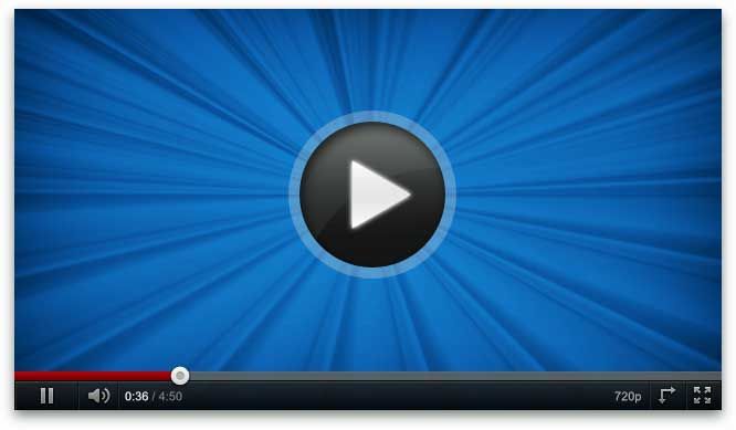 A video player with a play button on a blue background