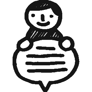A black and white drawing of a person holding a speech bubble.