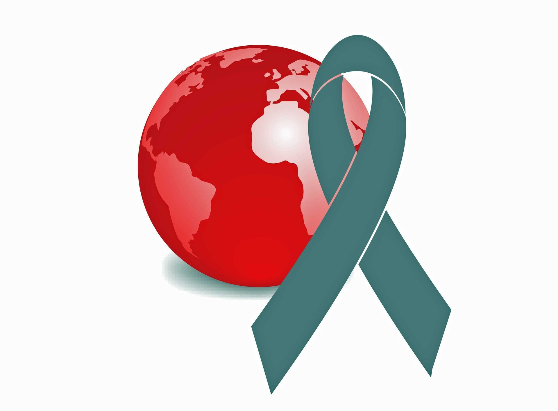 A red globe with a blue ribbon around it