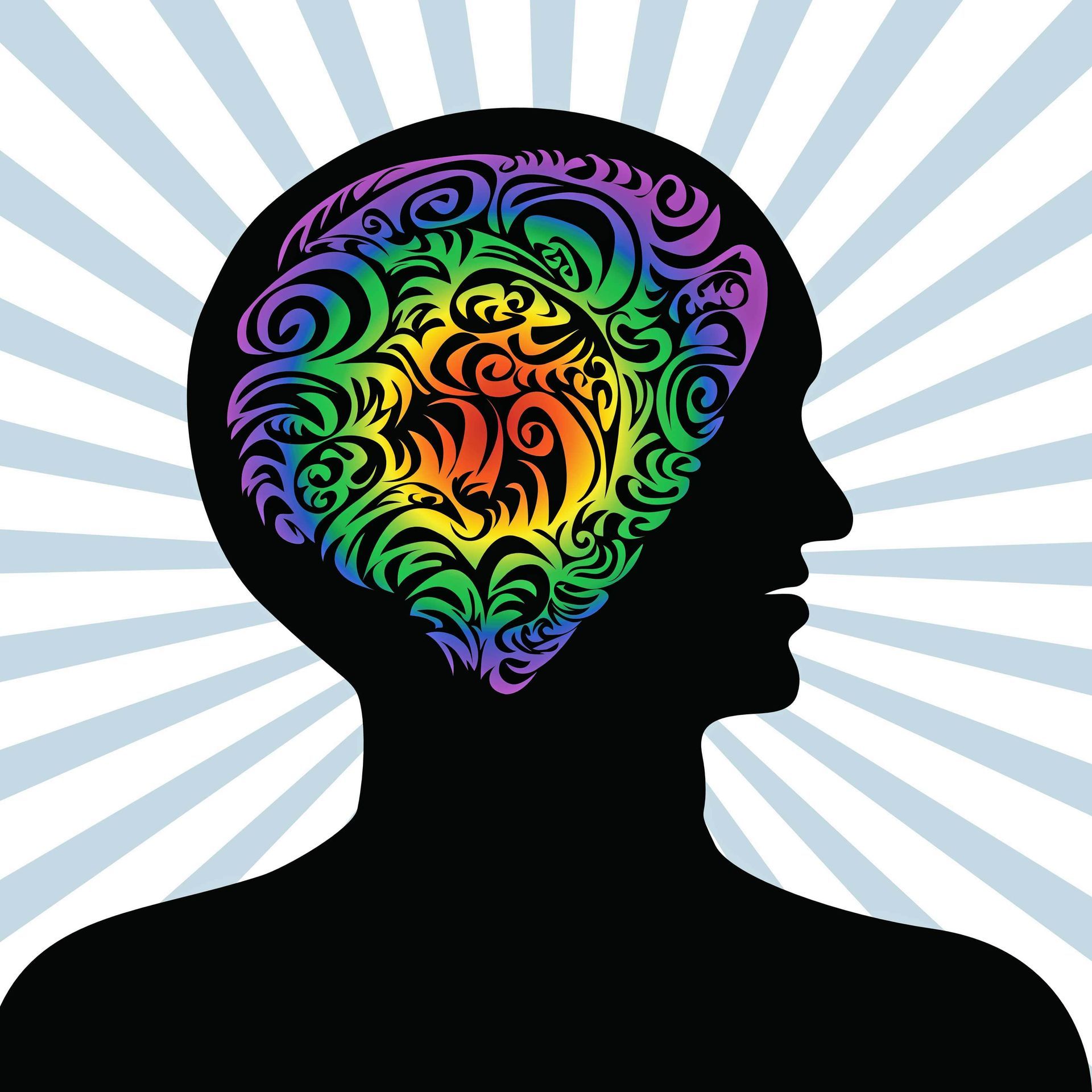 A silhouette of a person 's head with a rainbow pattern on it