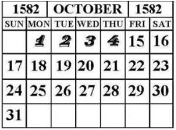A black and white calendar for october 1582