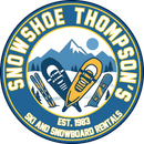 Sno Shoe Thompson’s ski and snowboard rentals logo with skis, mountains, and red-white-blue circular design