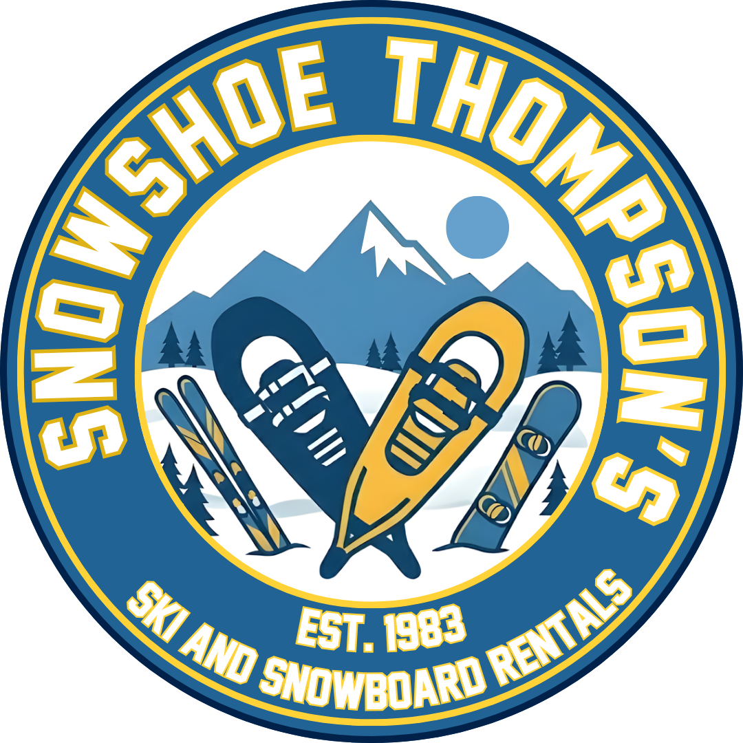 Snowshoe Thompson’s ski and snowboard rentals logo with mountains, skis, and red-white-blue circular design