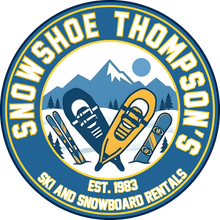 Snowshoe Thompson’s ski and snowboard rentals logo with mountains, skis, and red-white-blue circular design