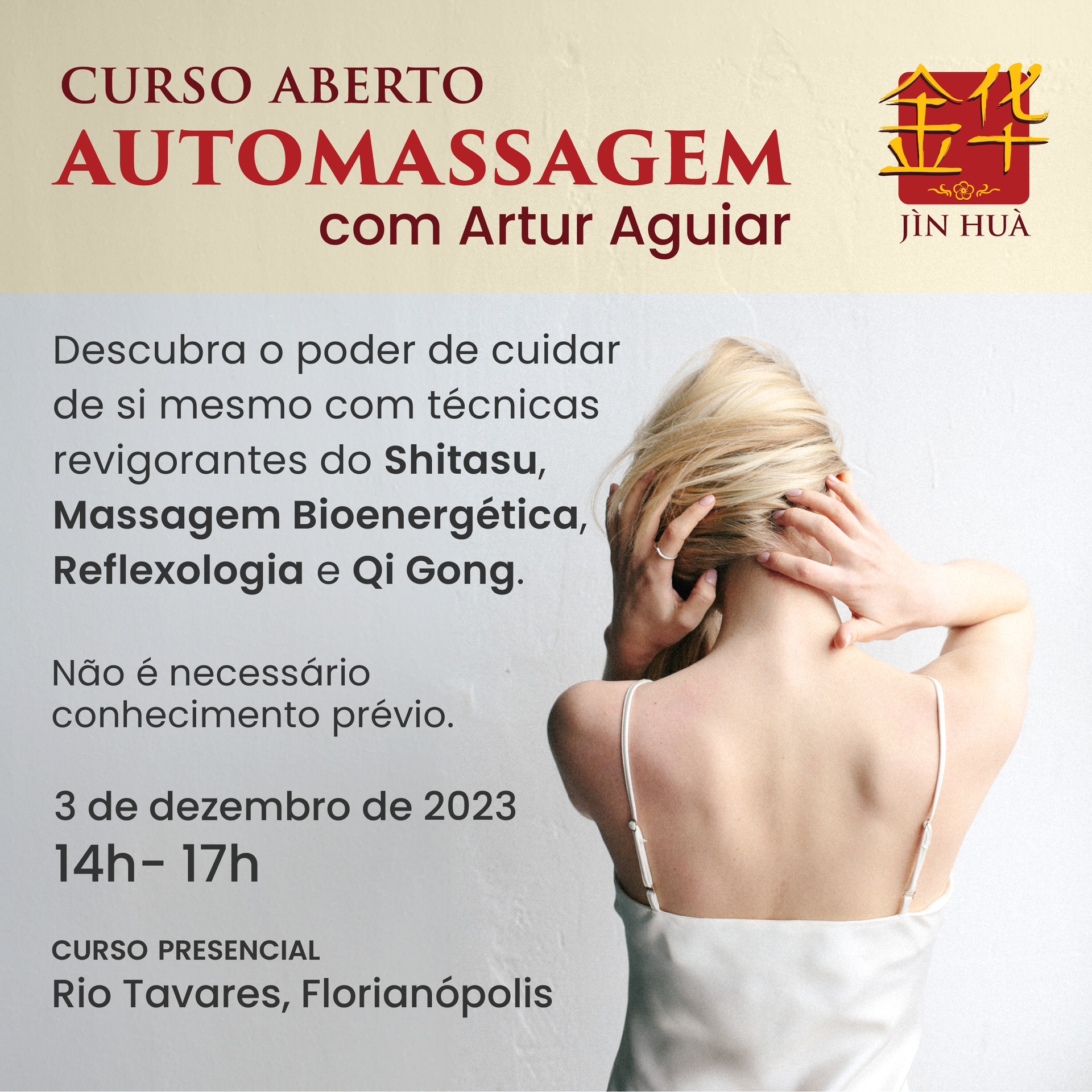 Um anúncio de um curso chamado automassagem com artur aguiar