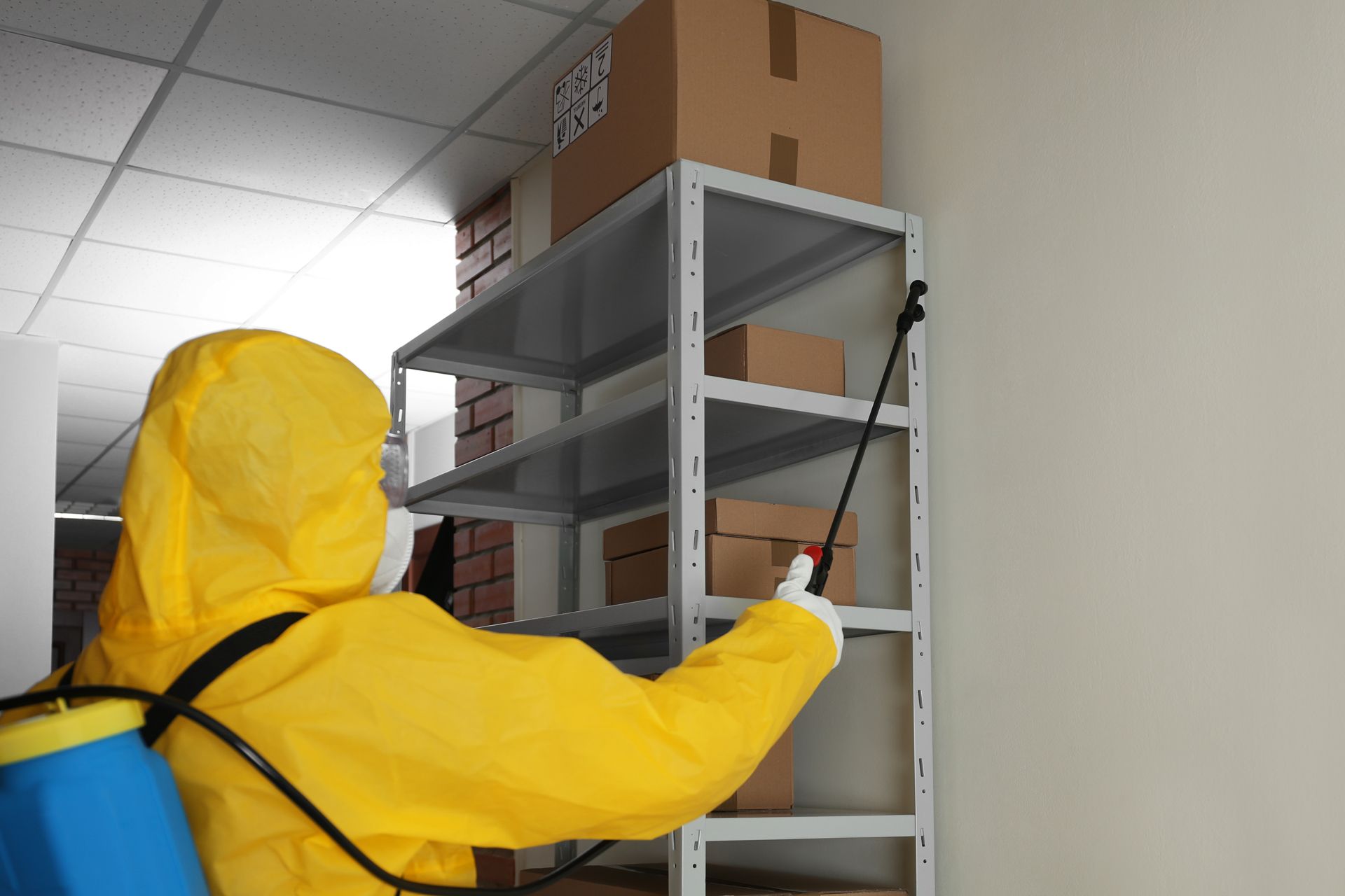 Person in yellow protective suit spray-painting or cleaning a metal shelf in a hallway