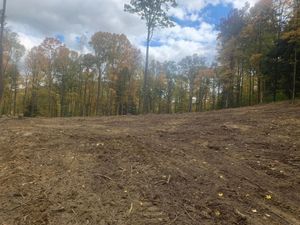 Cleared dirt field bordered by autumn trees under a partly cloudy sky