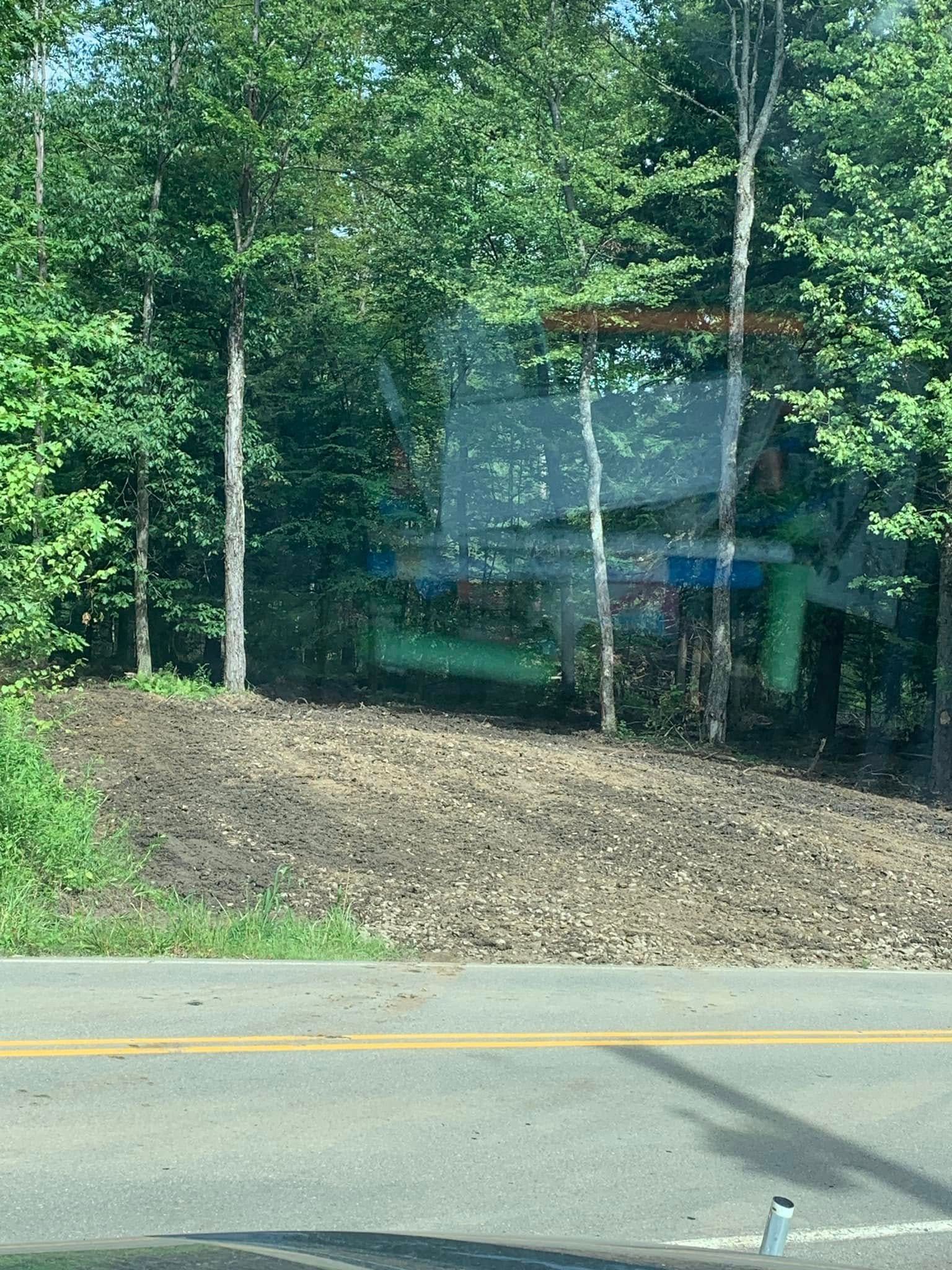 A quiet roadside by a wooded area with a small glass bus shelter near the trees.