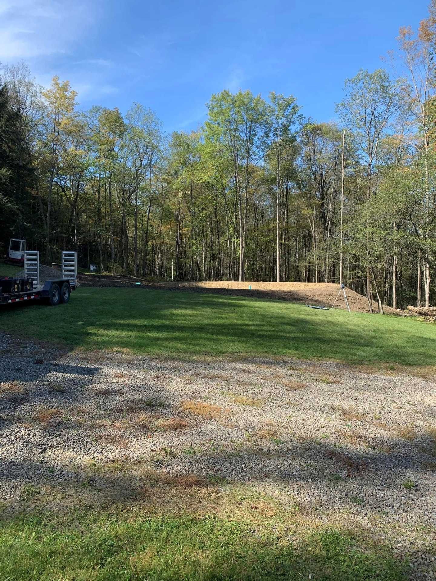 Gravel driveway beside a grassy clearing and wooded treeline under a clear blue sky