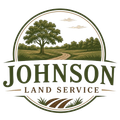 Johnson Land Service logo with a tree, farm field, and curved road in green and brown tones