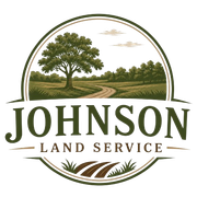 Johnson Land Service logo with a tree, farm field, and curved road in green and brown tones