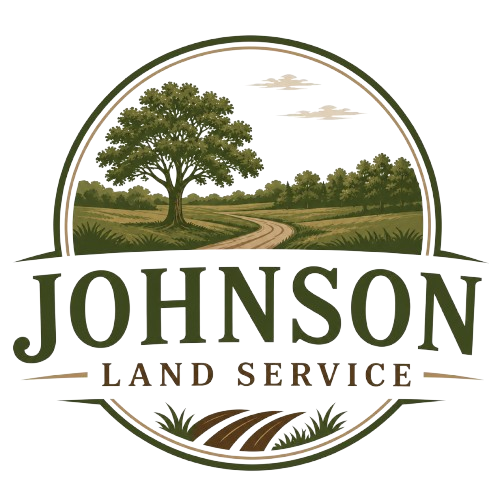 Johnson Land Service logo with a tree, farm field, and curved road in green and brown tones