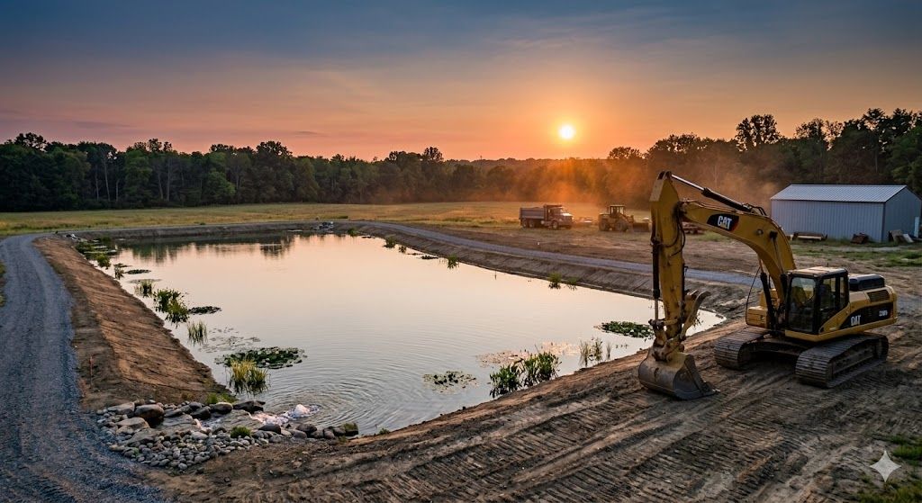 Excavator beside a pond at sunset, with trees and a small building in the background.