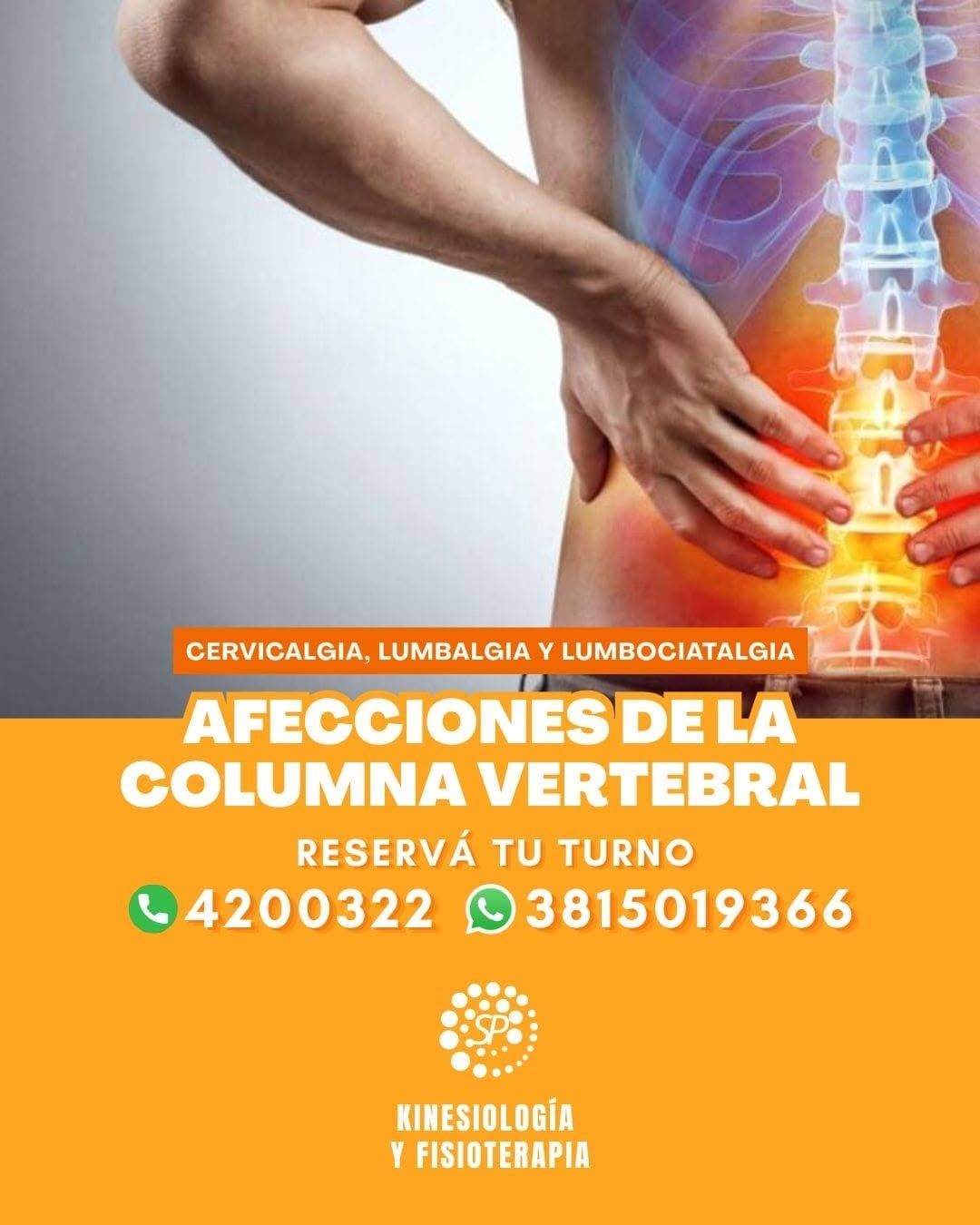 Anuncio naranja de fisioterapia para dolor de columna, con mano en la espalda y un esquema lumbar luminoso.