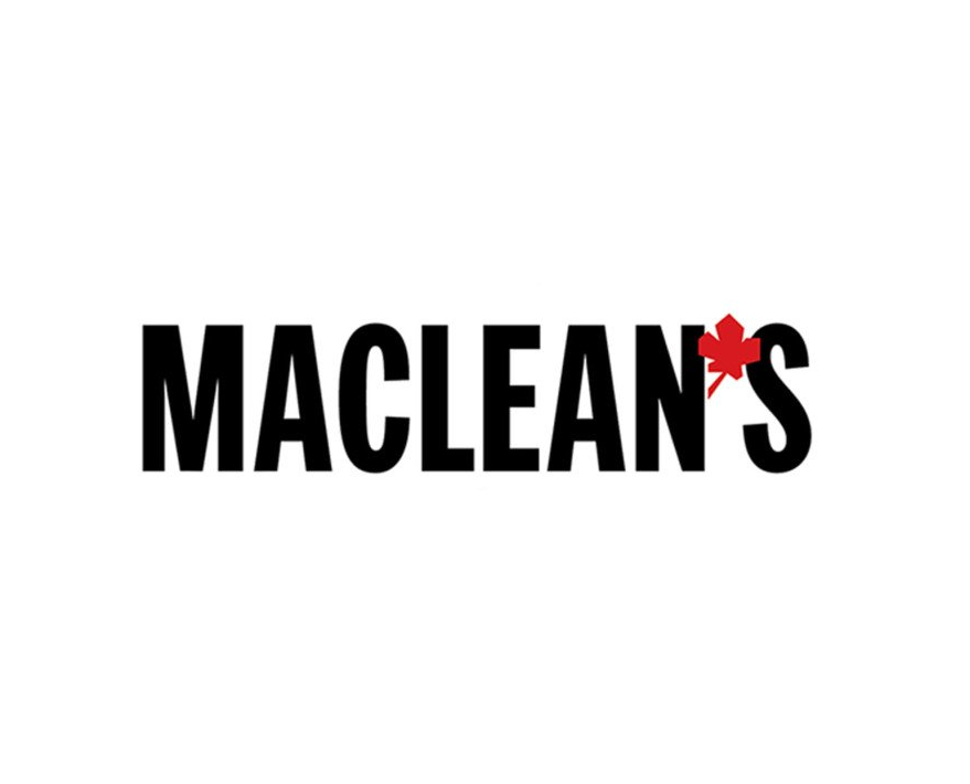A maclean 's logo with a red maple leaf on a white background.
