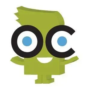 A green cartoon character with the letters oc on his head