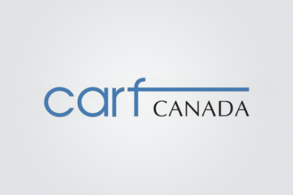 The logo for carf international is blue and black on a white background