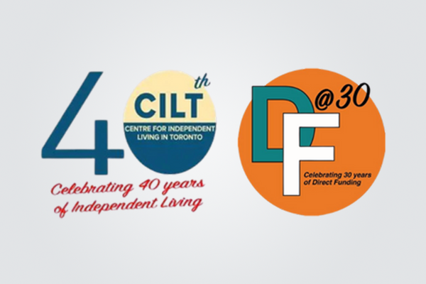 Logos celebrating CILT's 40th and DF's 30th anniversaries. Blue and orange circles with text.