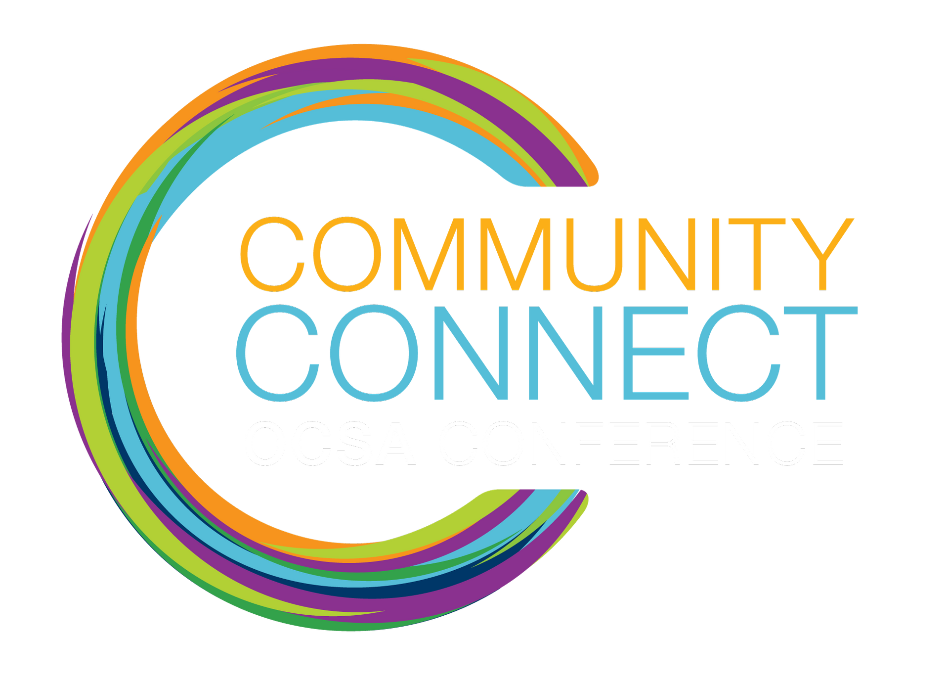 The community connect logo is a rainbow colored circle with the words community connect written inside of it.