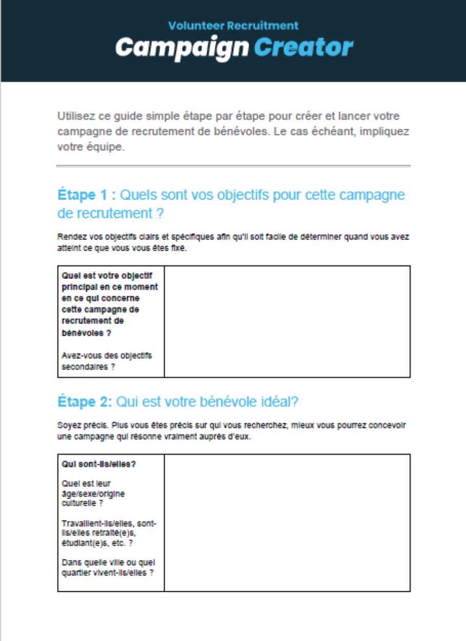A volunteer recruitment campaign creator worksheet in french