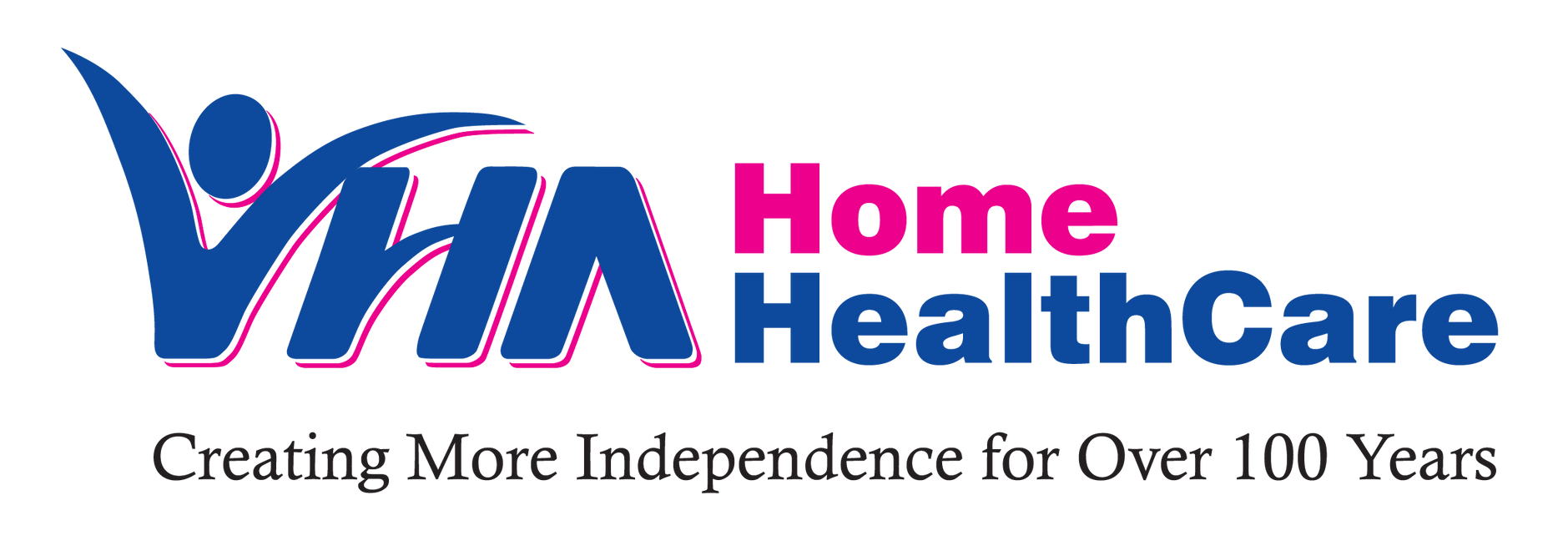 The home healthcare logo is blue and pink and says `` creating more independence ''.