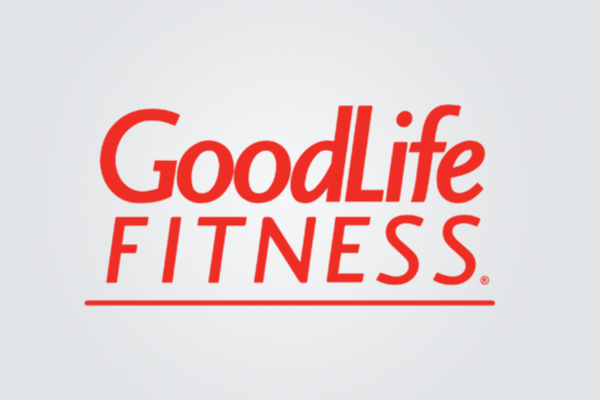 A red and white logo for goodlife fitness