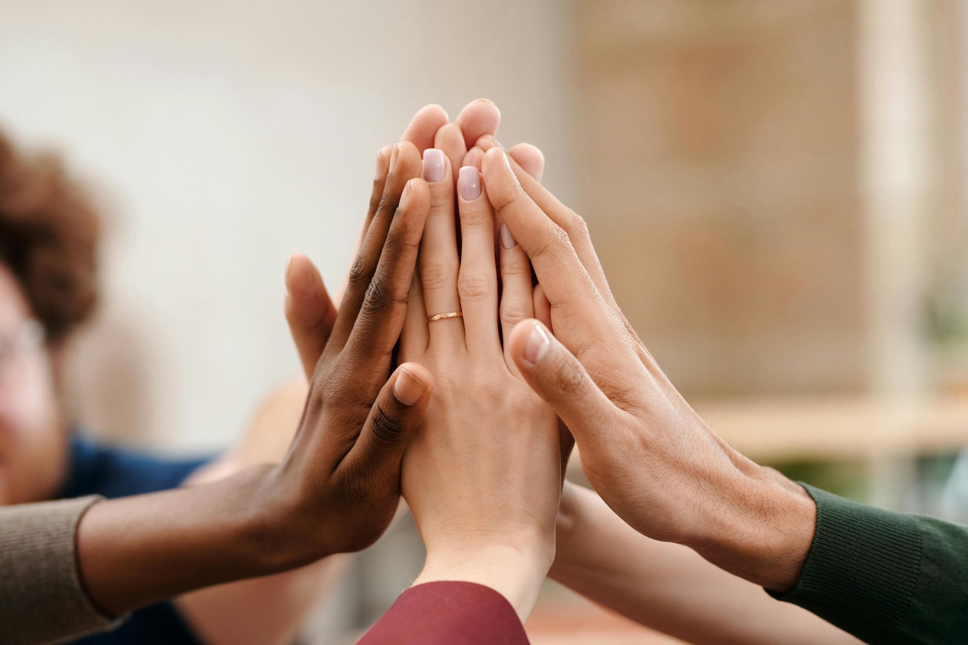 A group of people are giving each other a high five.