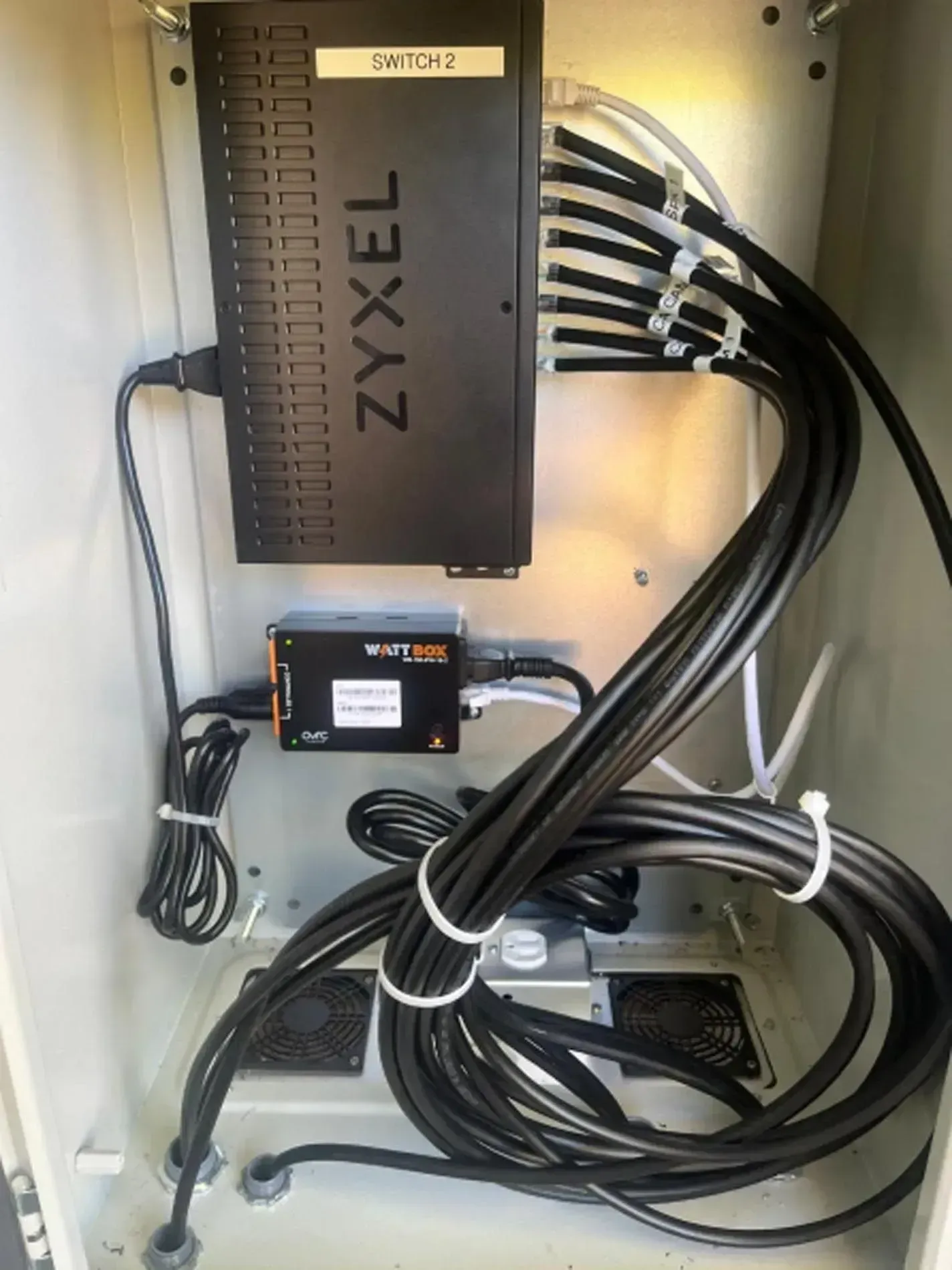 Wiring cabinet with a Zyxel modem/router and several coiled black cables mounted on a wall