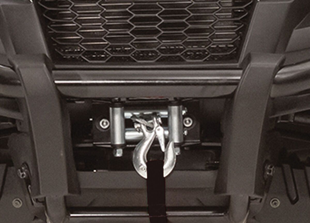 Silver coloured winch on the ATV.