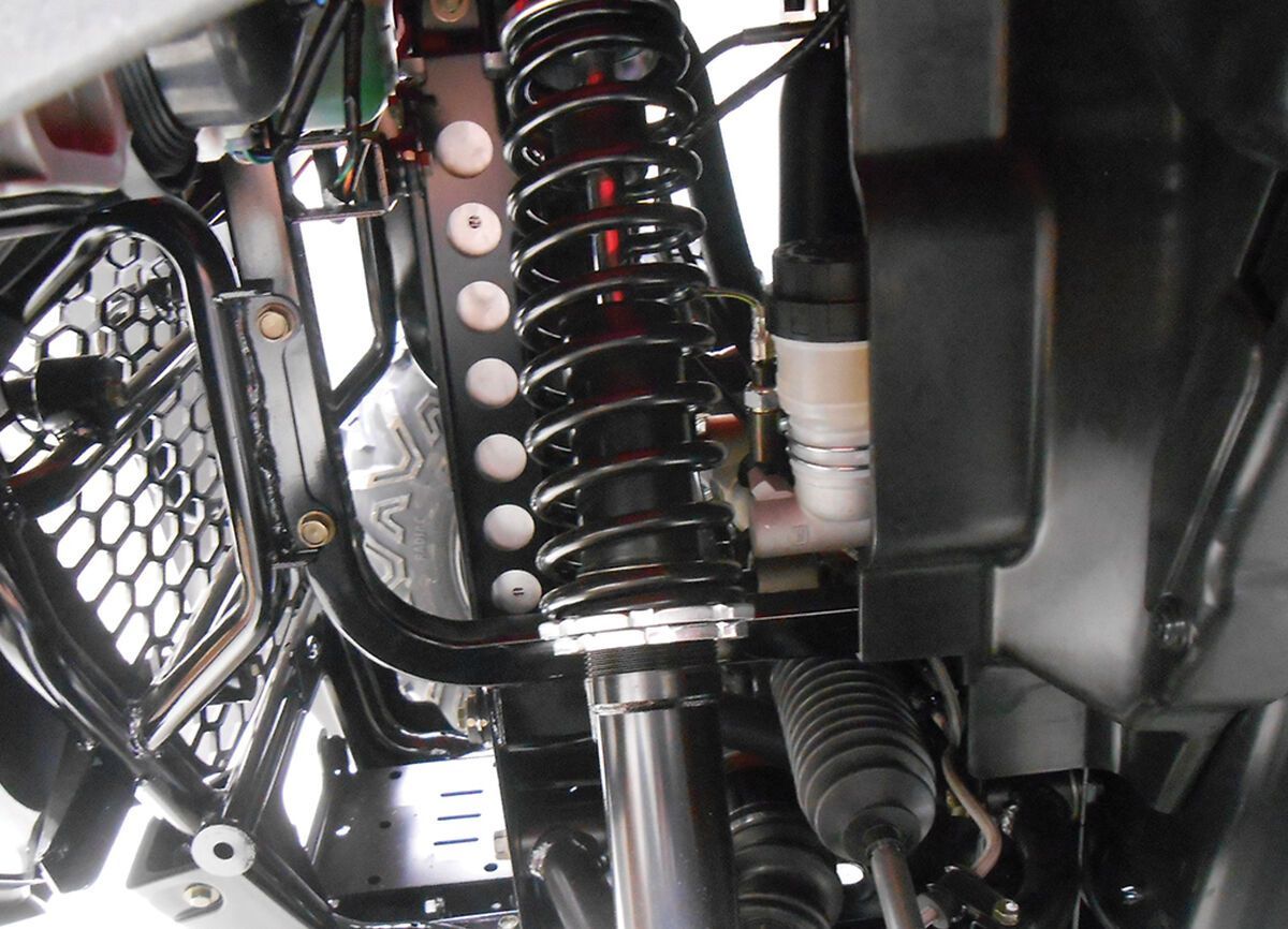 A shiny close-up of the double A Arm suspension.