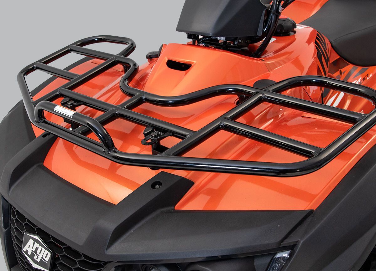 Heavy duty steel racks on the front of an orange ATV.