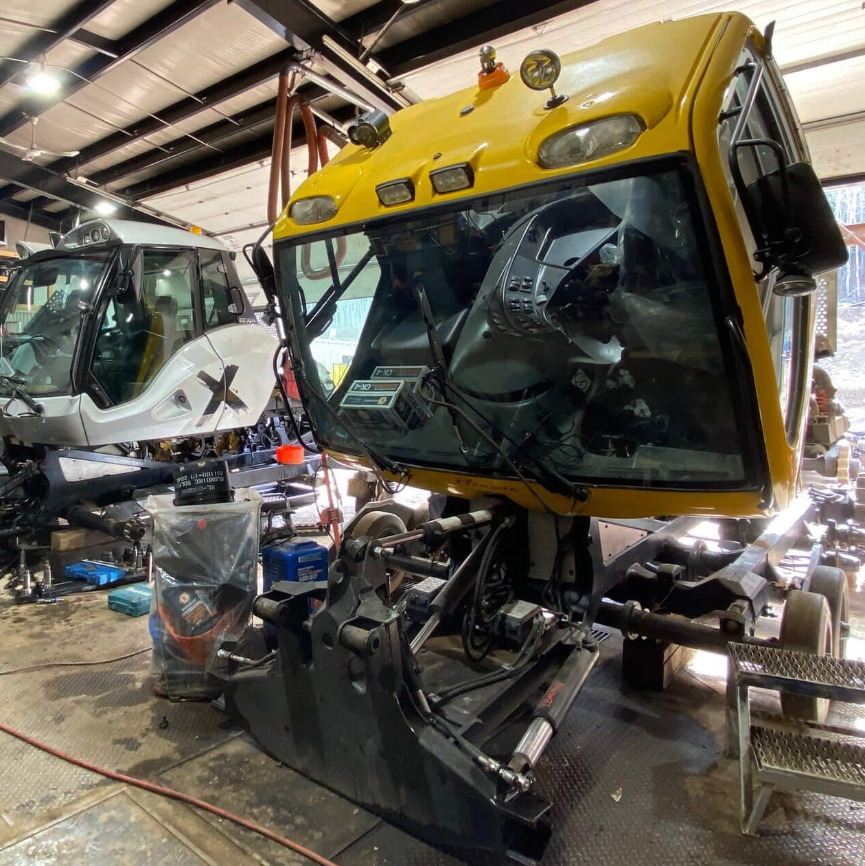 Used Bombardier snow groomer being refurbished at Loch Lomond Equipment Sales.