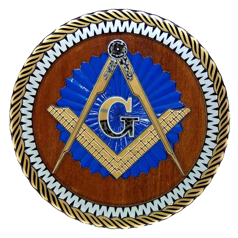 Masonic symbol: blue and gold compass and square over a 'G', on a wooden background with a decorative border.