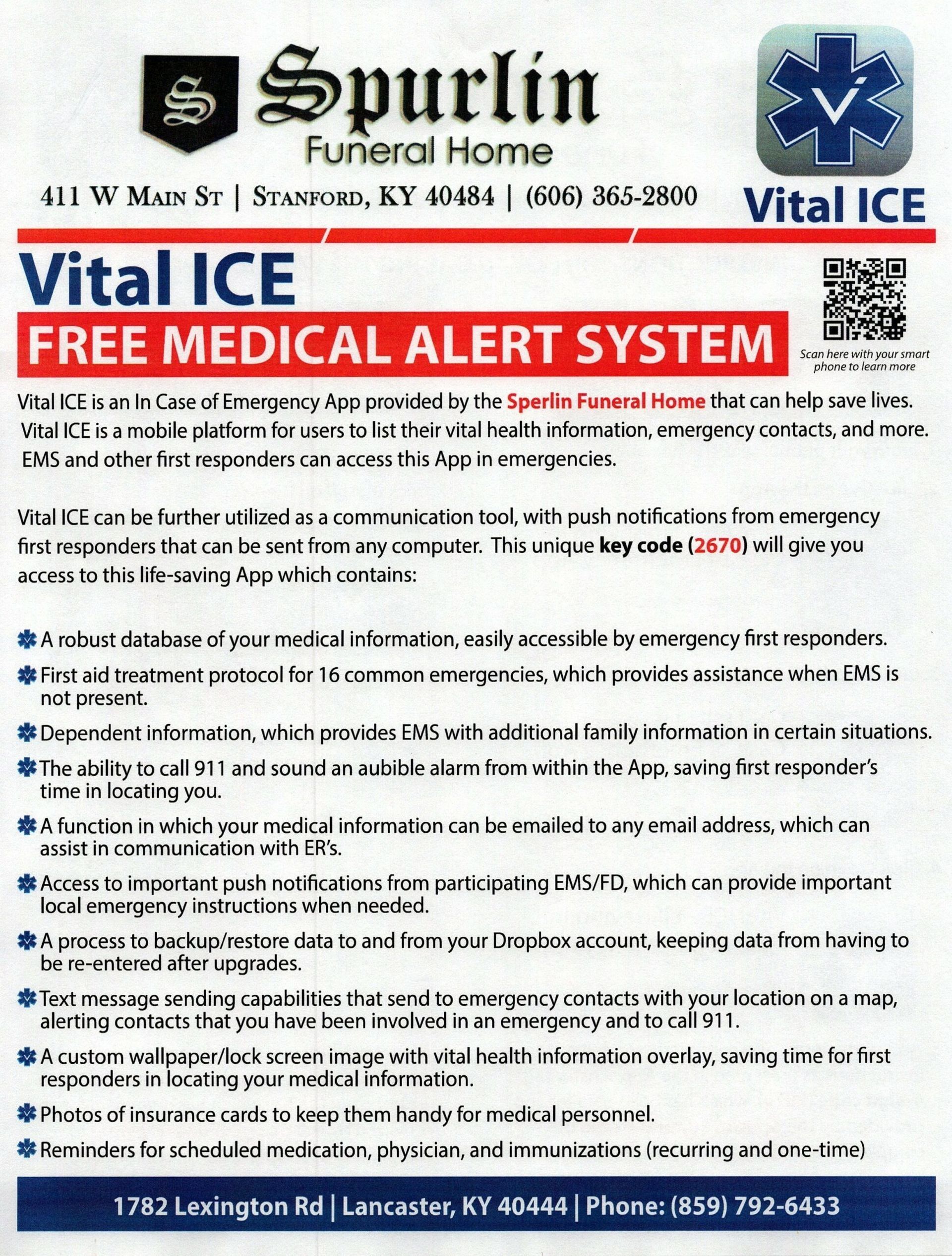 Vital ICE free medical alert system flyer with blue and red text and a QR code from Spurlin Funeral Home.