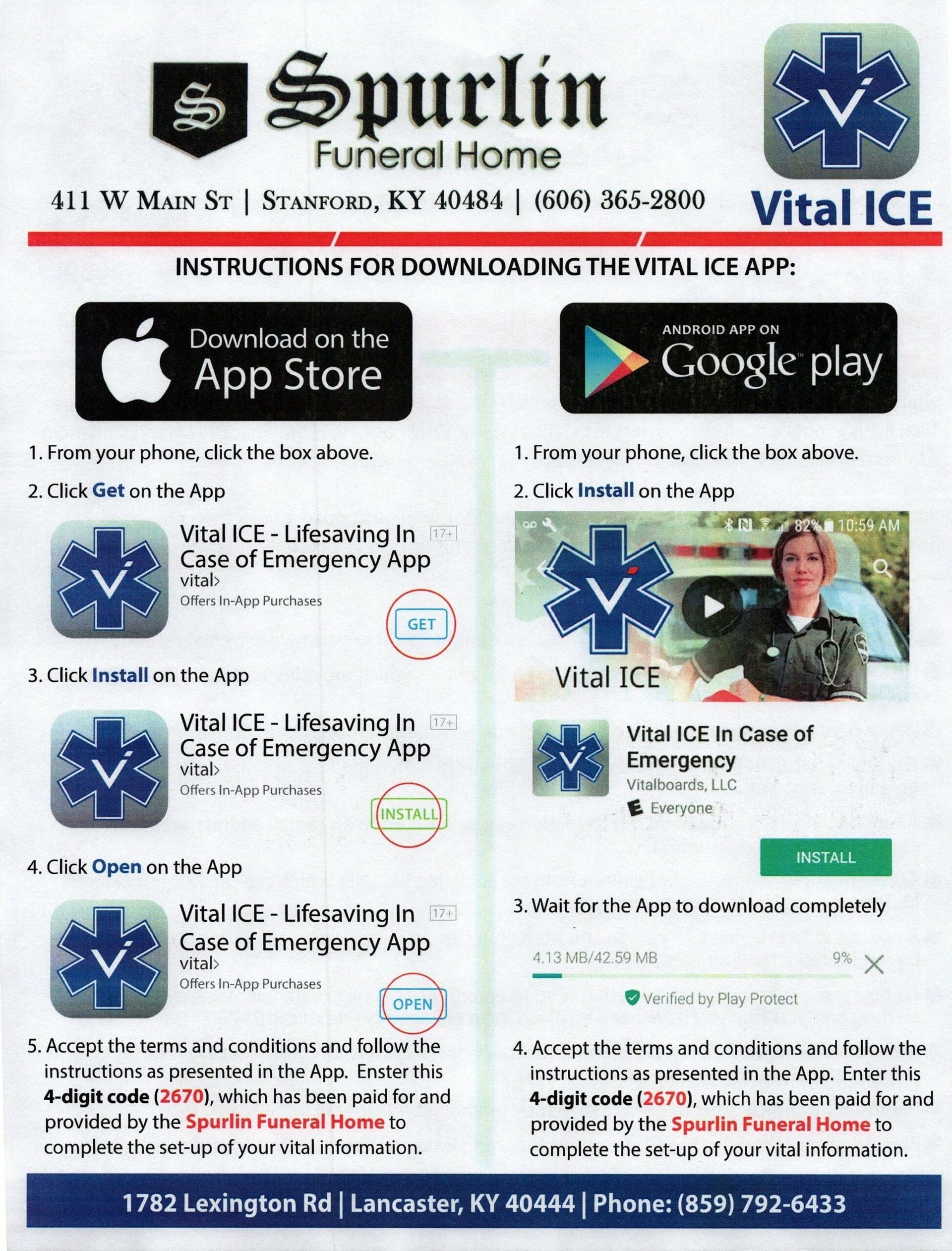 Flyer for Spurlin Funeral Home Vital ICE app download and family emergency information.