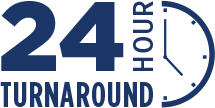 24-hour turnaround text with a blue clock icon and blue lettering