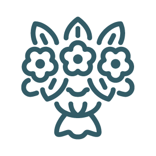Stylized teal line drawing of a bouquet with flowers, leaves, and a wrapped ribbon base