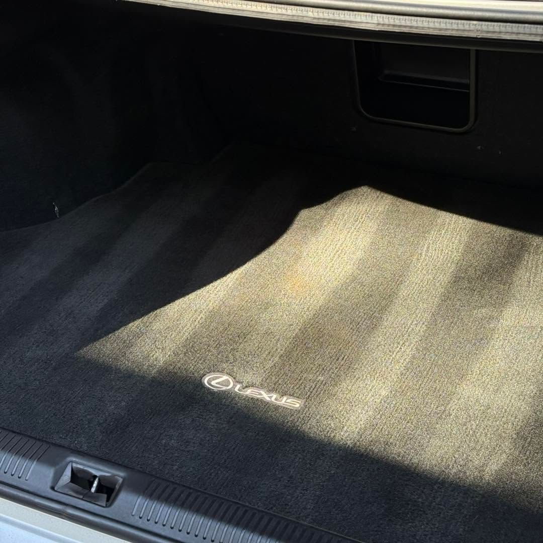 Car trunk cargo area with black carpeted floor mat and sunlight streaming across it