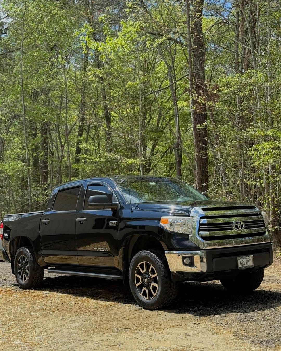 Black pickup truck parked on a dirt road in a wooded area, seen from the front-left side.
