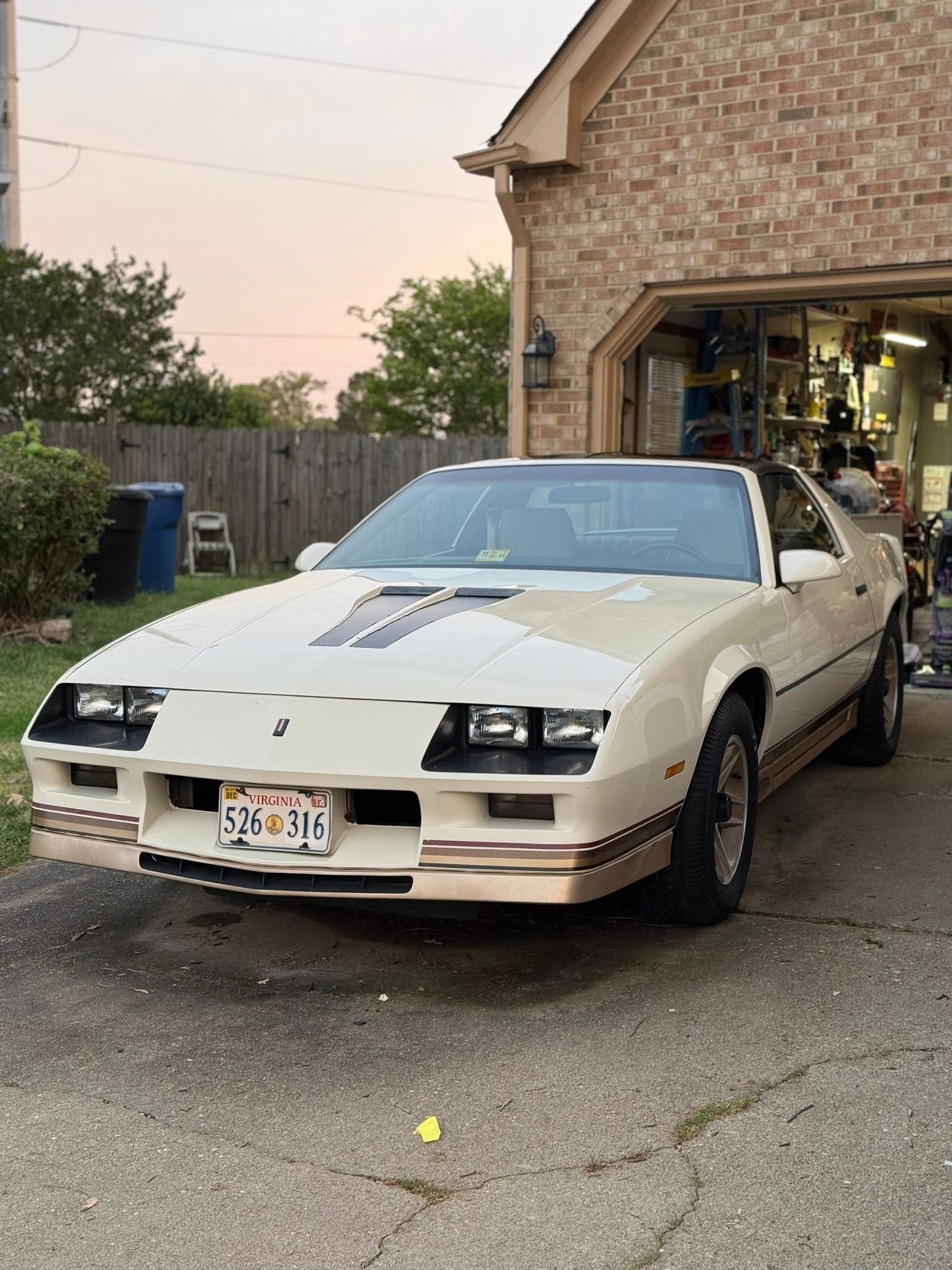 White sports car parked in a driveway beside a house, with a garage and trees at dusk.