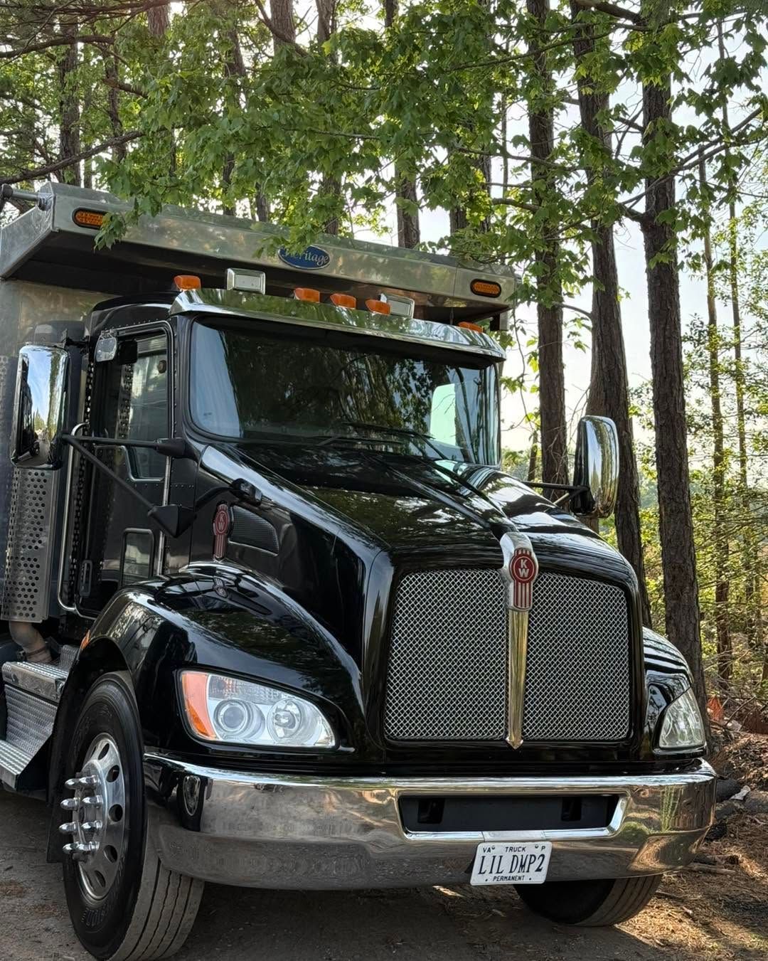 Black dump truck parked in a wooded area, front view with chrome grille.