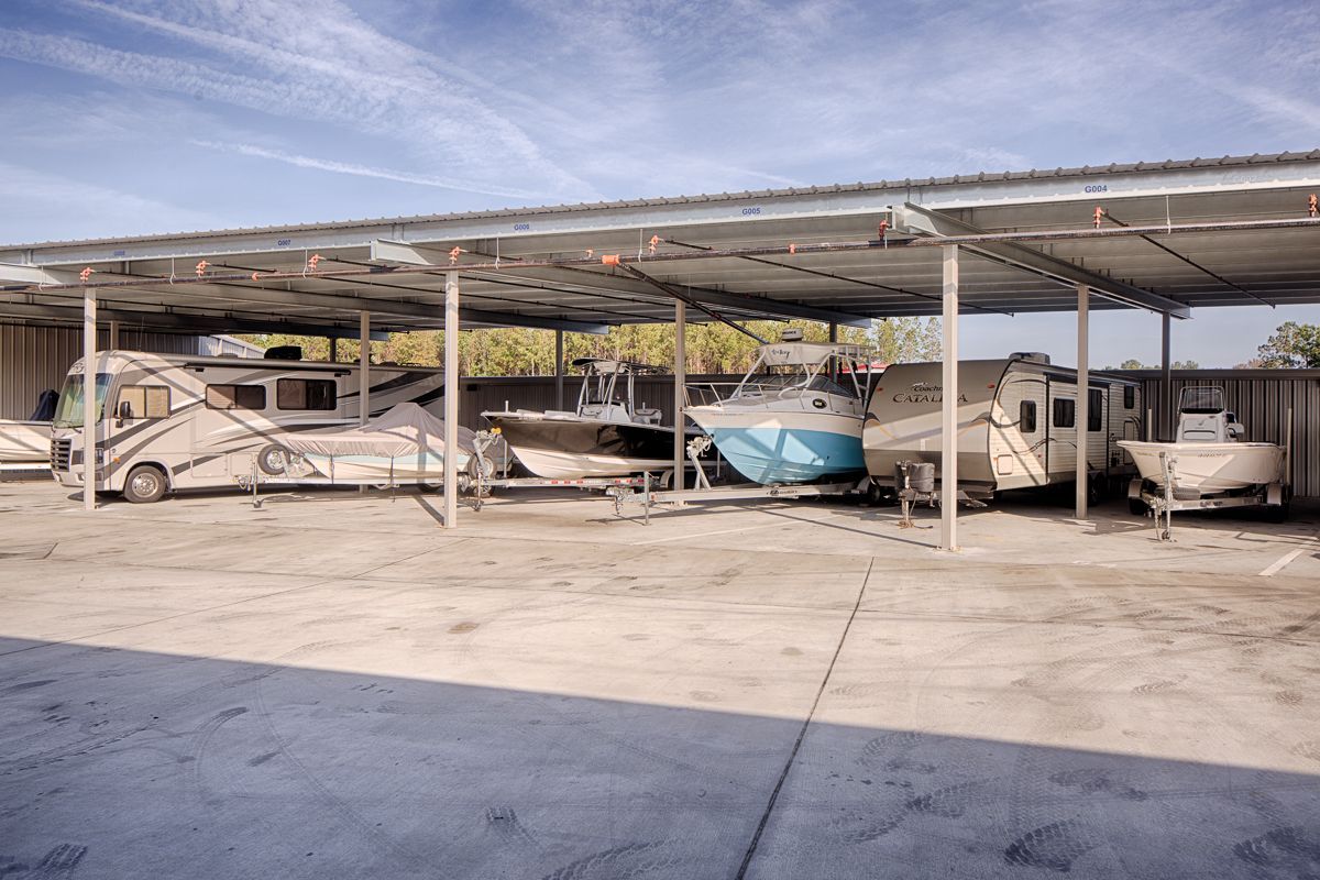 RV parking with canopy cover at Stop N Stor